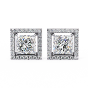 2.46 Carat Princess Cut Diamond Stud Earrings with Square Halo Design in Gold and Platinum Lab Diamond