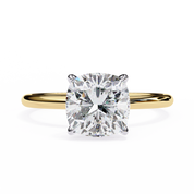 Cushion Cut Two Tone Solitaire Lab Diamond Engagement Ring 18K Yellow Gold