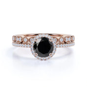 2.10 Carat Bridal Black Diamond Halo Diamond Ring 18K Rose Gold Black Diamond Ring