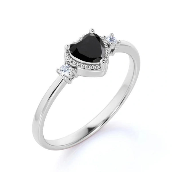 1.67 Ct Heart Shape Black Diamond Three Stone Engagement Ring Promise Engagement Rings