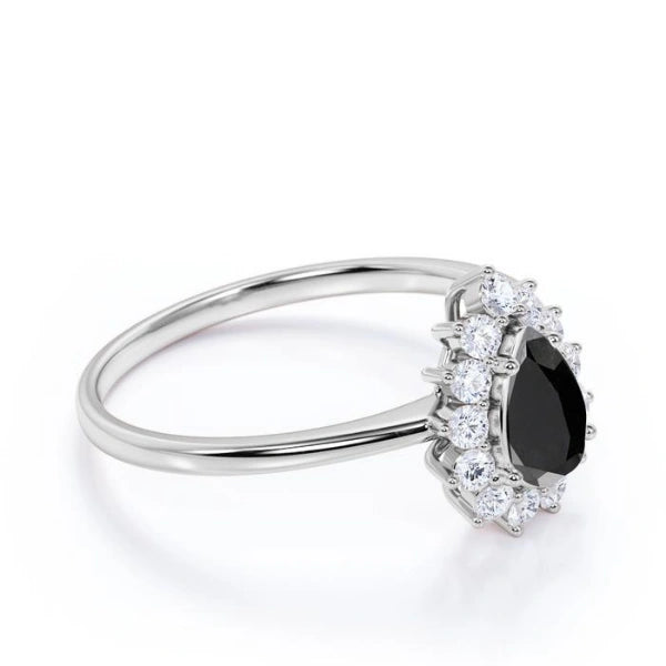 2 Ct Pear Cut Black Diamond Round Halo Diamond Engagement Ring Black Diamond Engagement Ring
