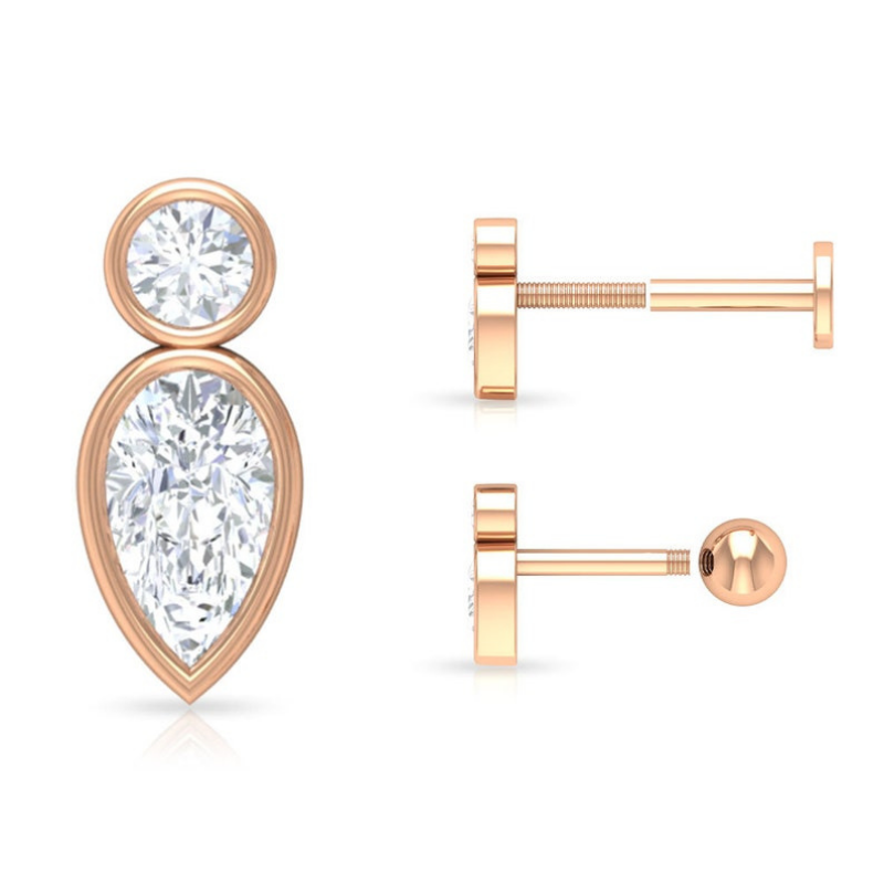 0.40 Carat Round & Pear Shape Bezel Diamond Stud Earrings 18K Rose Gold Natural Diamond