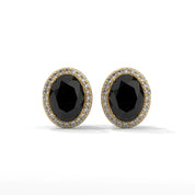 3.04 Carat Oval Cut Diamond Black Diamond Halo Stud Earrings with Screw Back 18K Yellow Gold