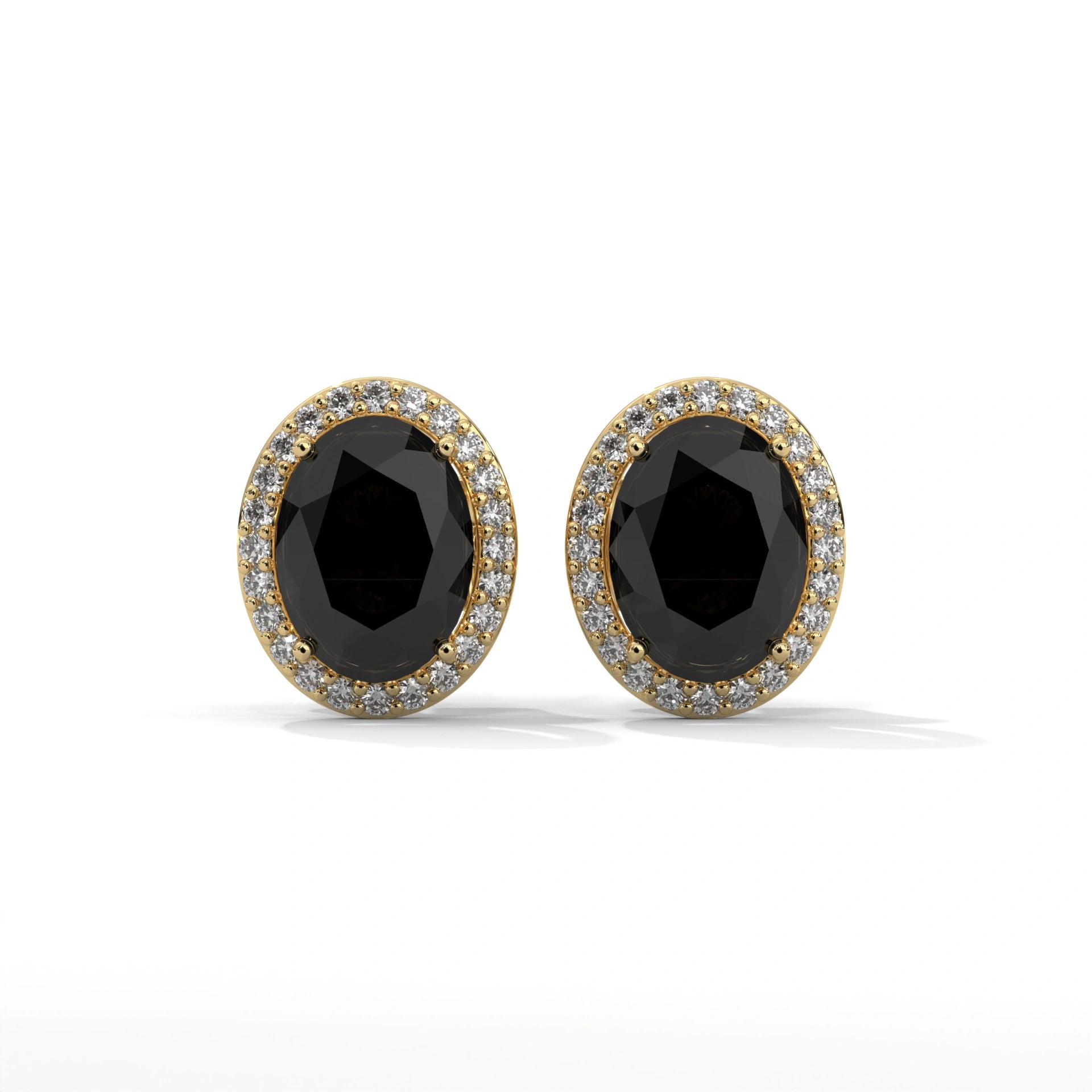 3.04 Carat Oval Cut Diamond Black Diamond Halo Stud Earrings with Screw Back 18K Yellow Gold