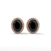 3.04 Carat Oval Cut Diamond Black Diamond Halo Stud Earrings with Screw Back 18K Rose Gold