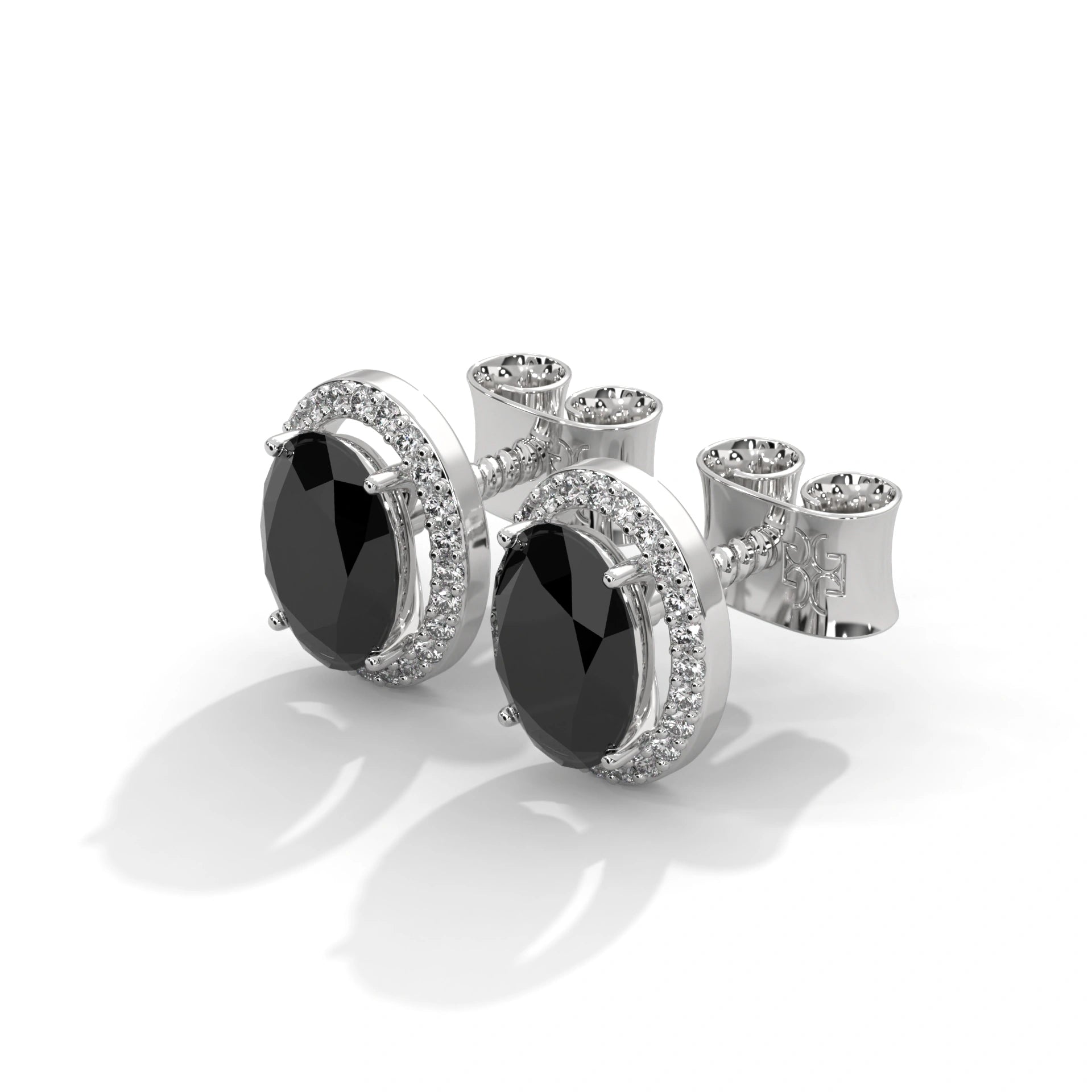 3.04 Carat Oval Cut Diamond Black Diamond Halo Stud Earrings with Screw Back