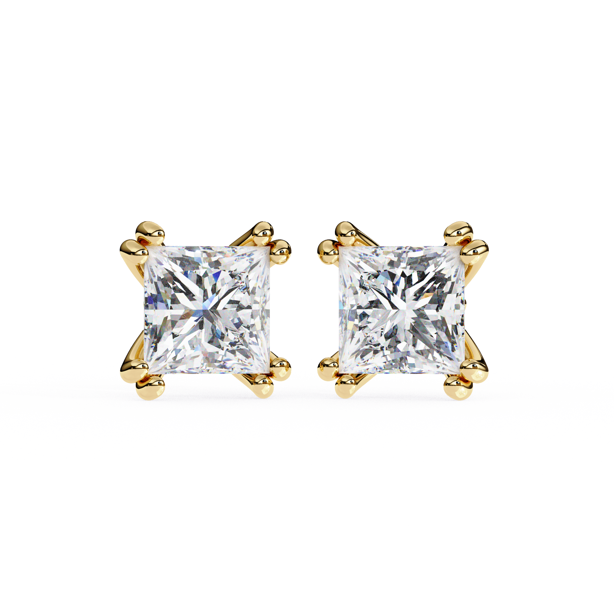 3 Carat Princess Shape Lab Diamond Stud Earrings 18K Yellow Gold