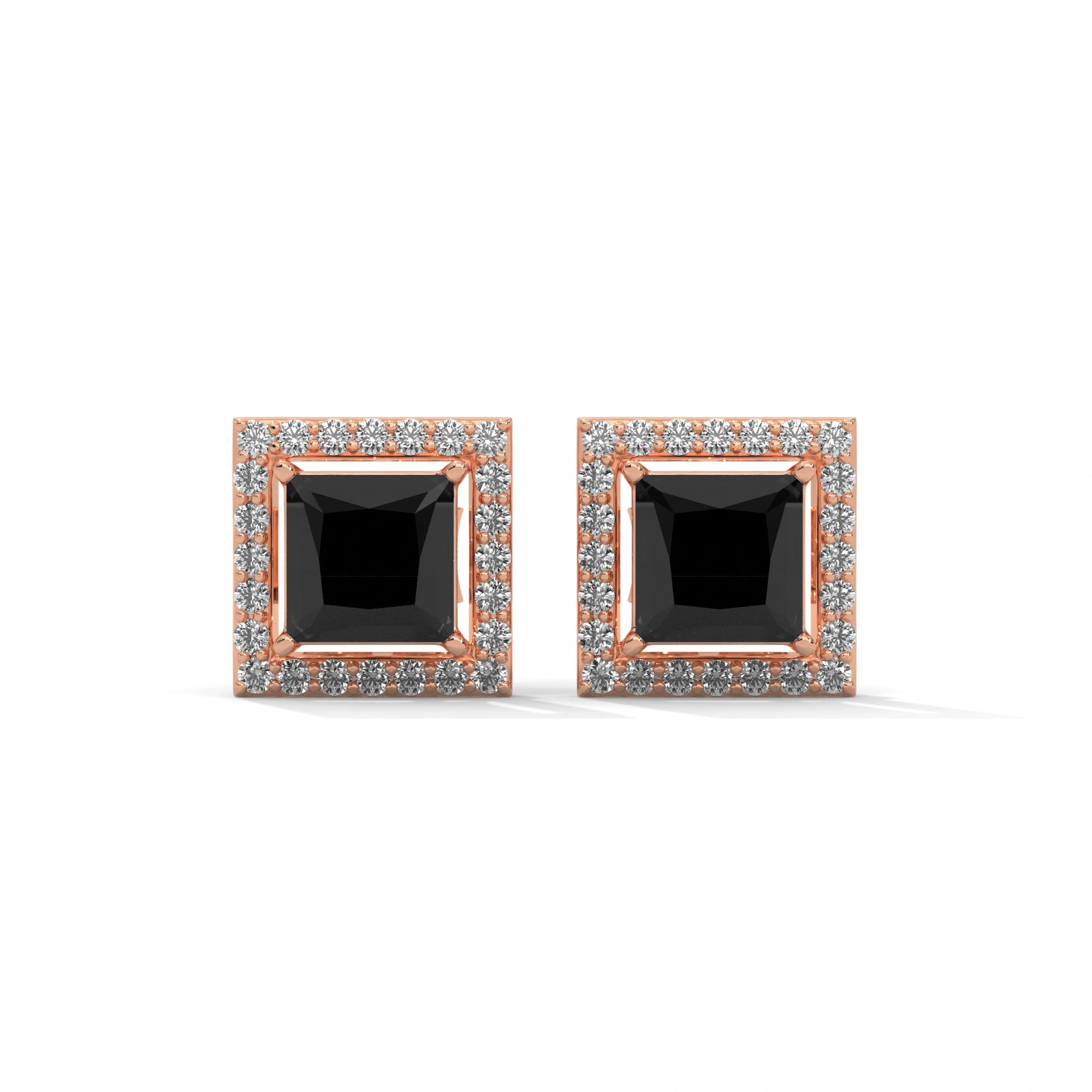 3.09 Carat Princess Cut Black Diamond Stud Earrings Screw Back 18K Rose Gold