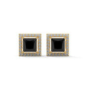 3.09 Carat Princess Cut Black Diamond Stud Earrings Screw Back 18K Yellow Gold