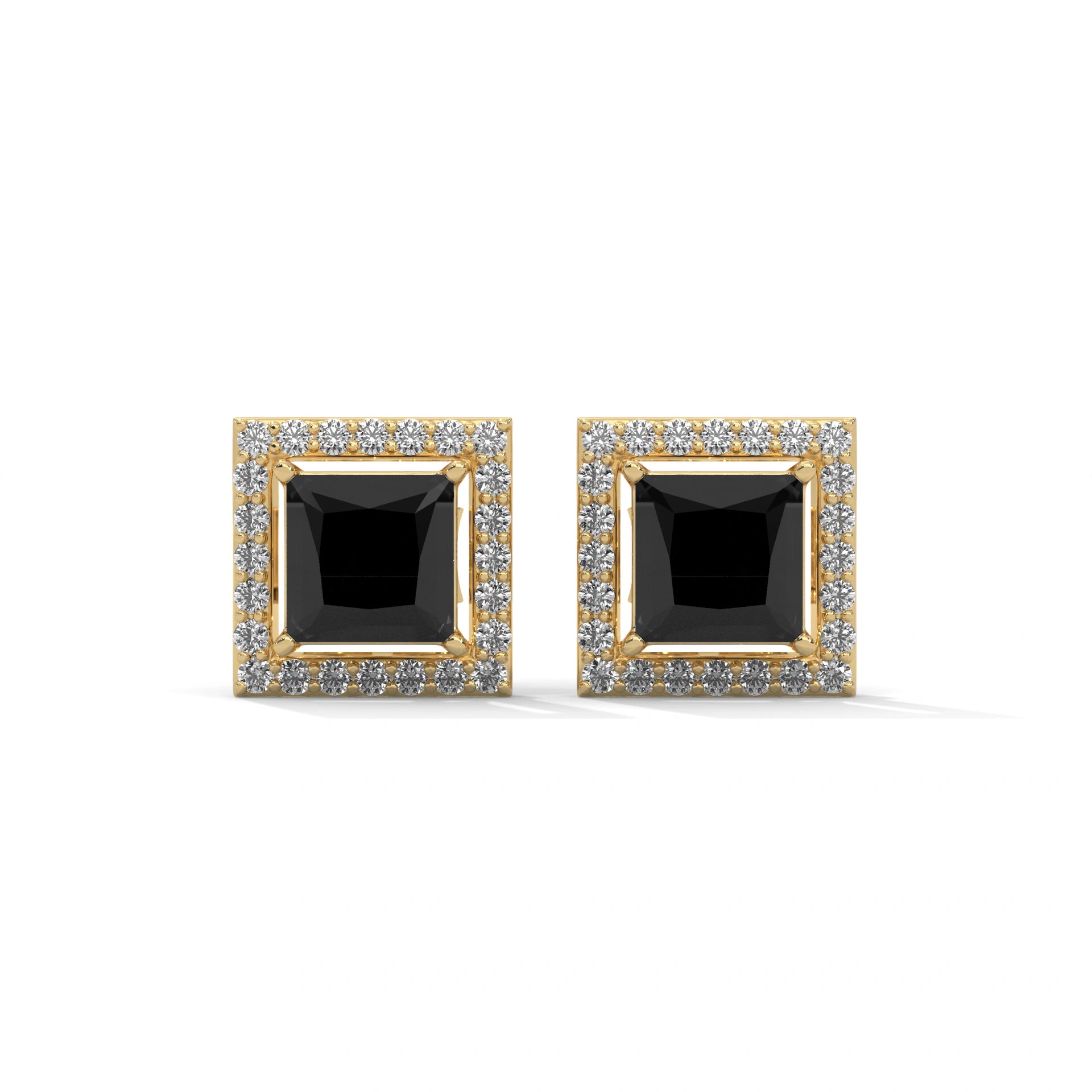 3.09 Carat Princess Cut Black Diamond Stud Earrings Screw Back 18K Yellow Gold