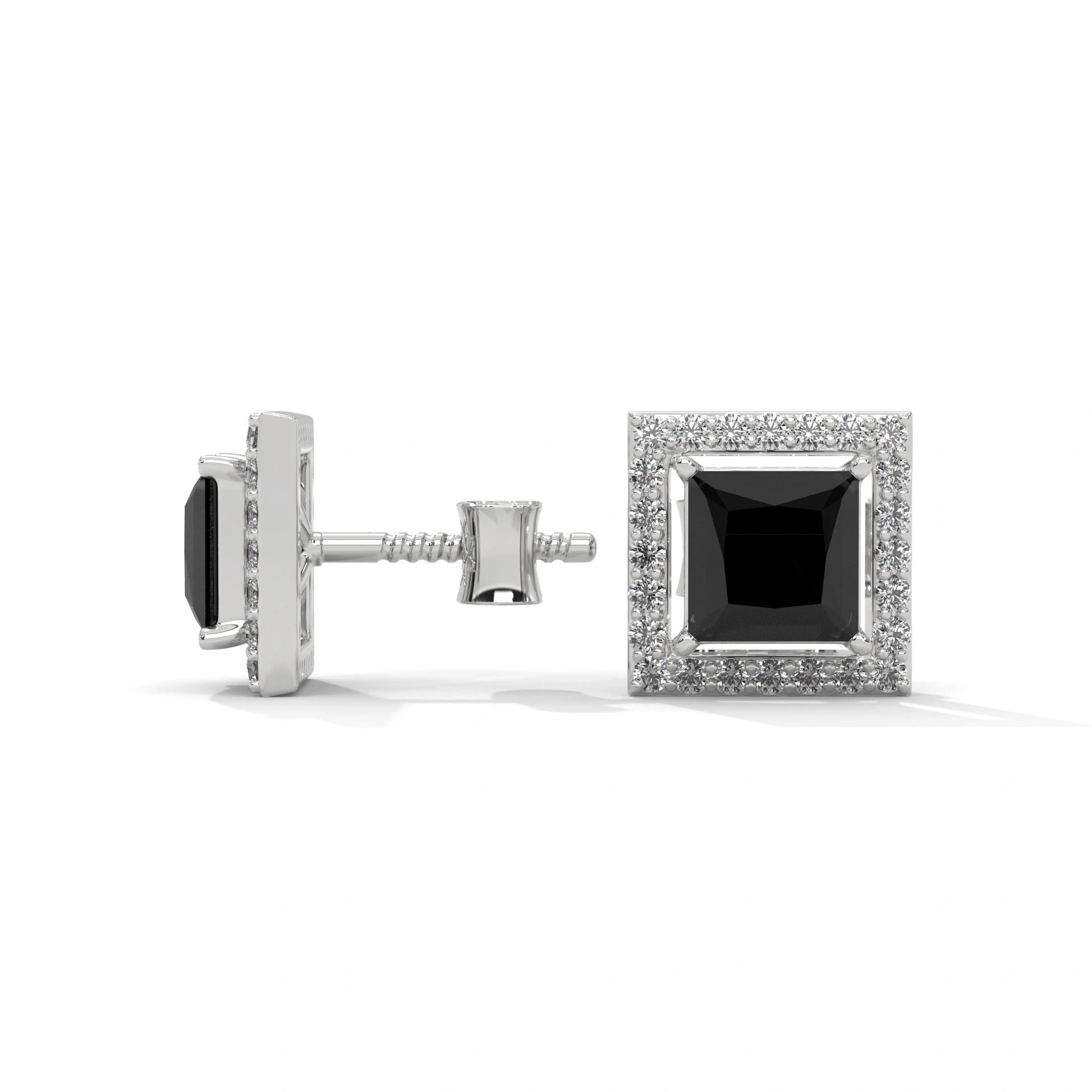 3.09 Carat Princess Cut Black Diamond Stud Earrings Screw Back