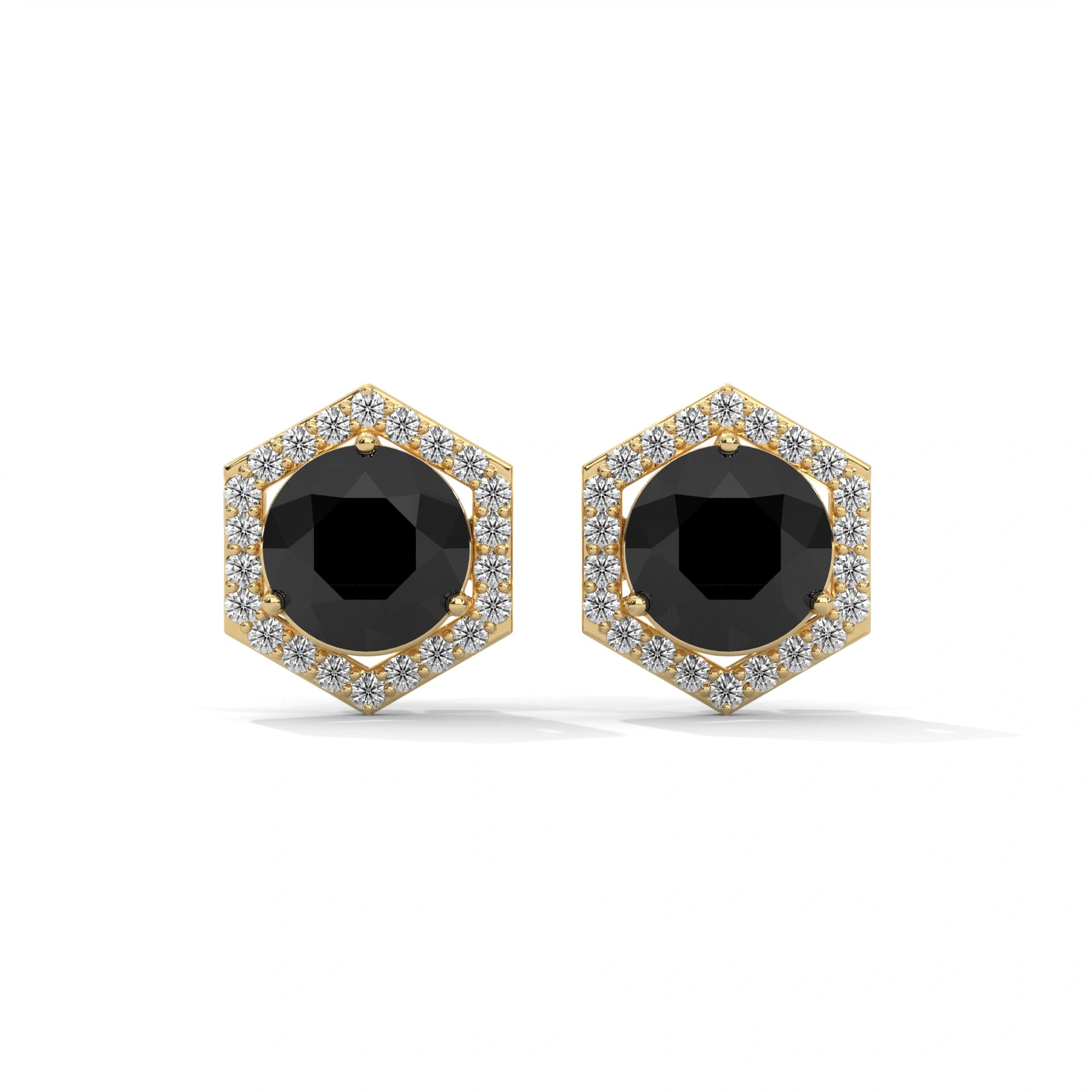 2.84 Ct Black Diamond Hexagon Halo Stud Earrings With Screw Back 18K Yellow Gold
