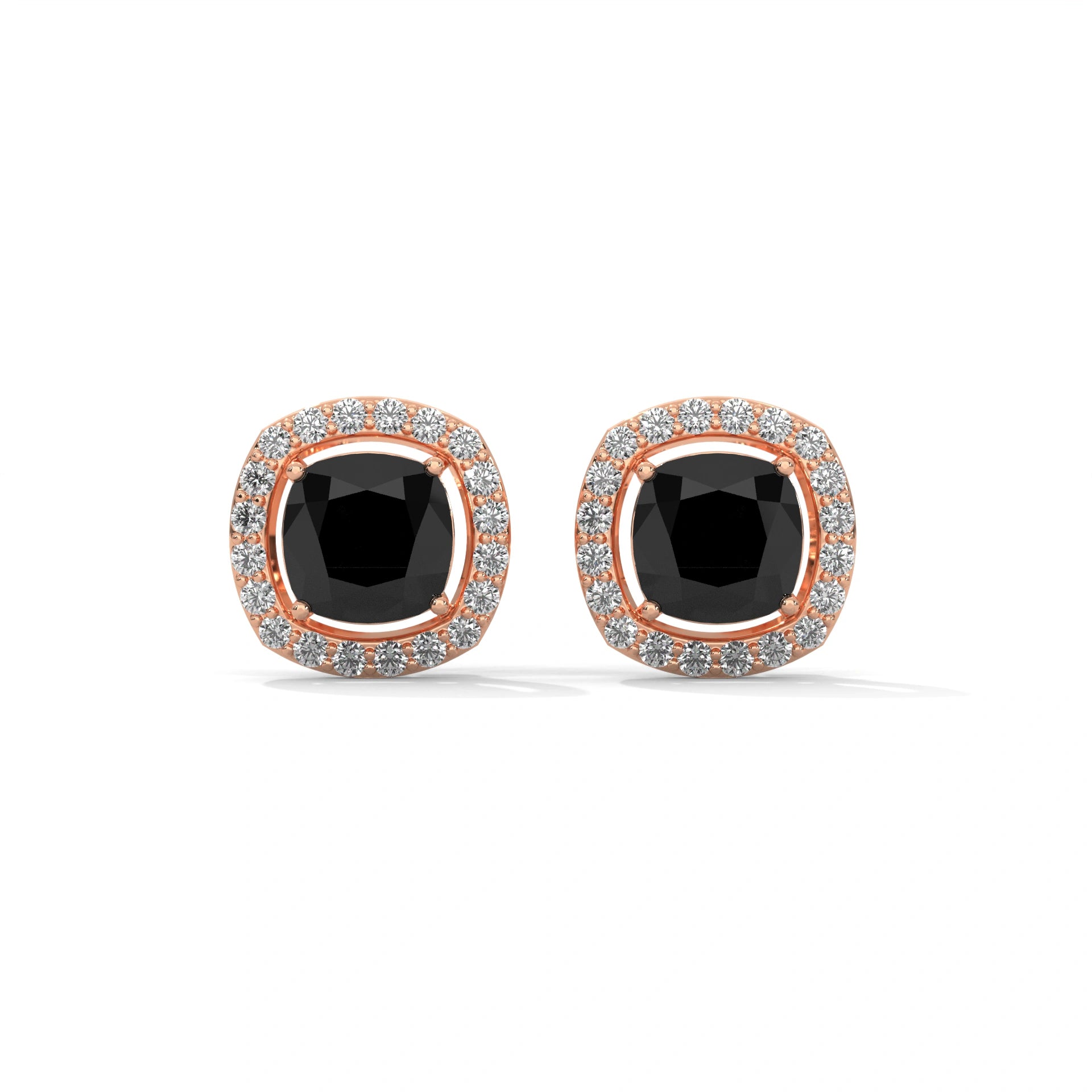 3.8 Ct Cushion Cut Diamond Halo Black Diamond Stud Earrings in Yellow Gold Screw Back 18K Rose Gold