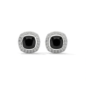 3.8 Ct Cushion Cut Diamond Halo Black Diamond Stud Earrings in Yellow Gold Screw Back