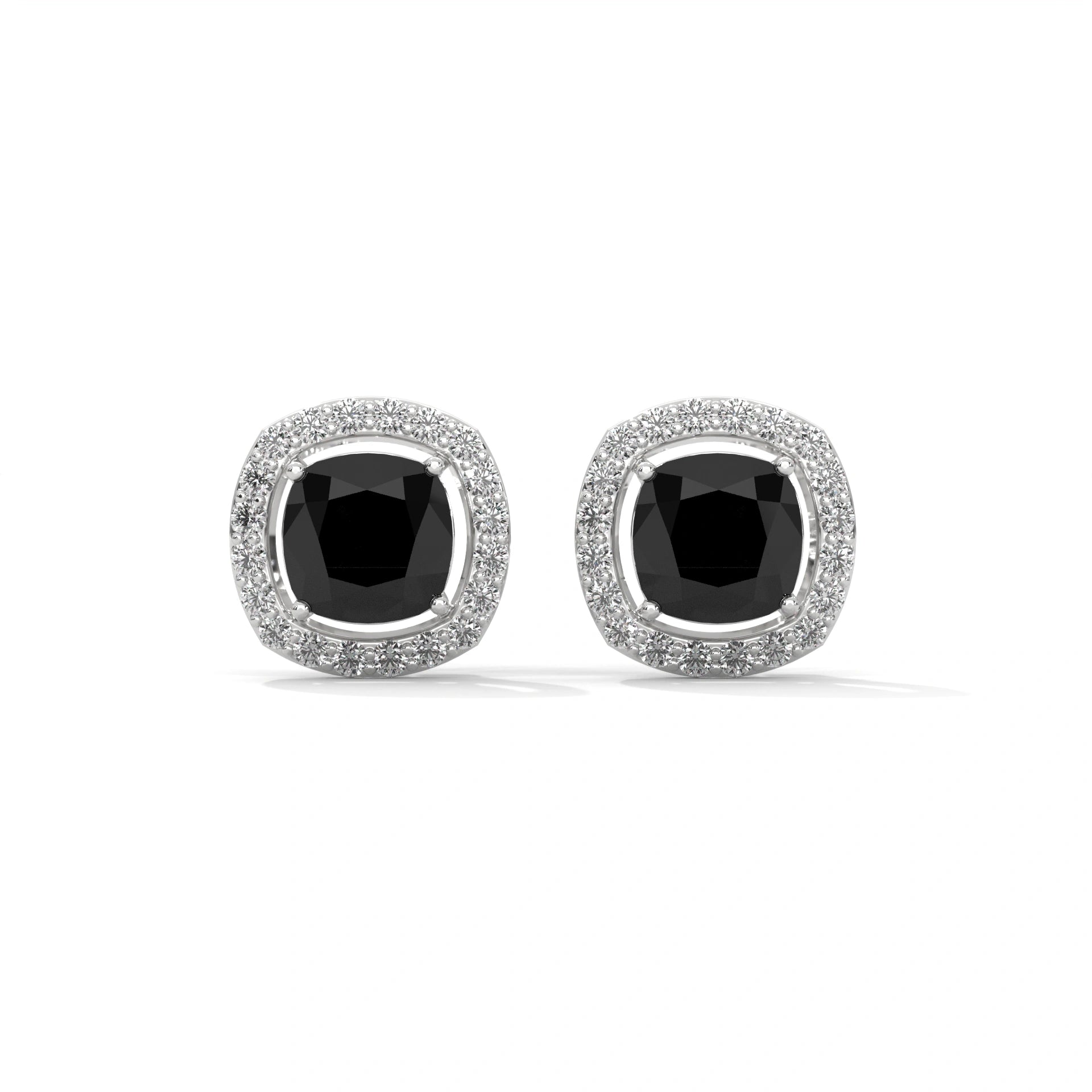 3.8 Ct Cushion Cut Diamond Halo Black Diamond Stud Earrings in Yellow Gold Screw Back