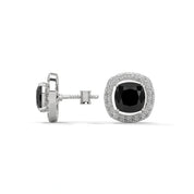 3.8 Ct Cushion Cut Diamond Halo Black Diamond Stud Earrings in Yellow Gold Screw Back