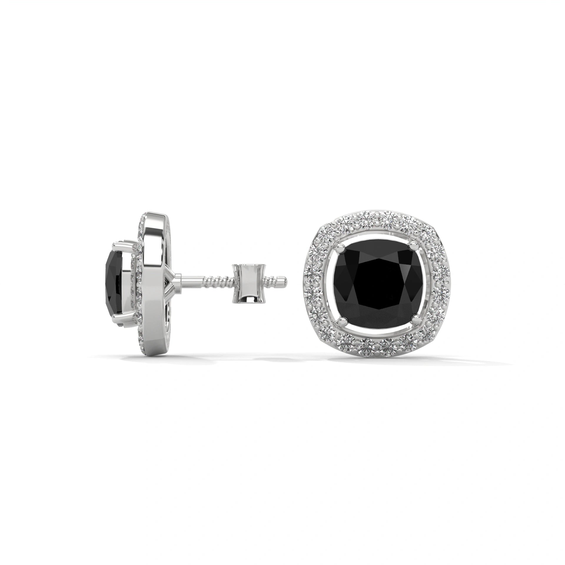 3.8 Ct Cushion Cut Diamond Halo Black Diamond Stud Earrings in Yellow Gold Screw Back