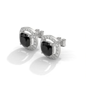 3.8 Ct Cushion Cut Diamond Halo Black Diamond Stud Earrings in Yellow Gold Screw Back