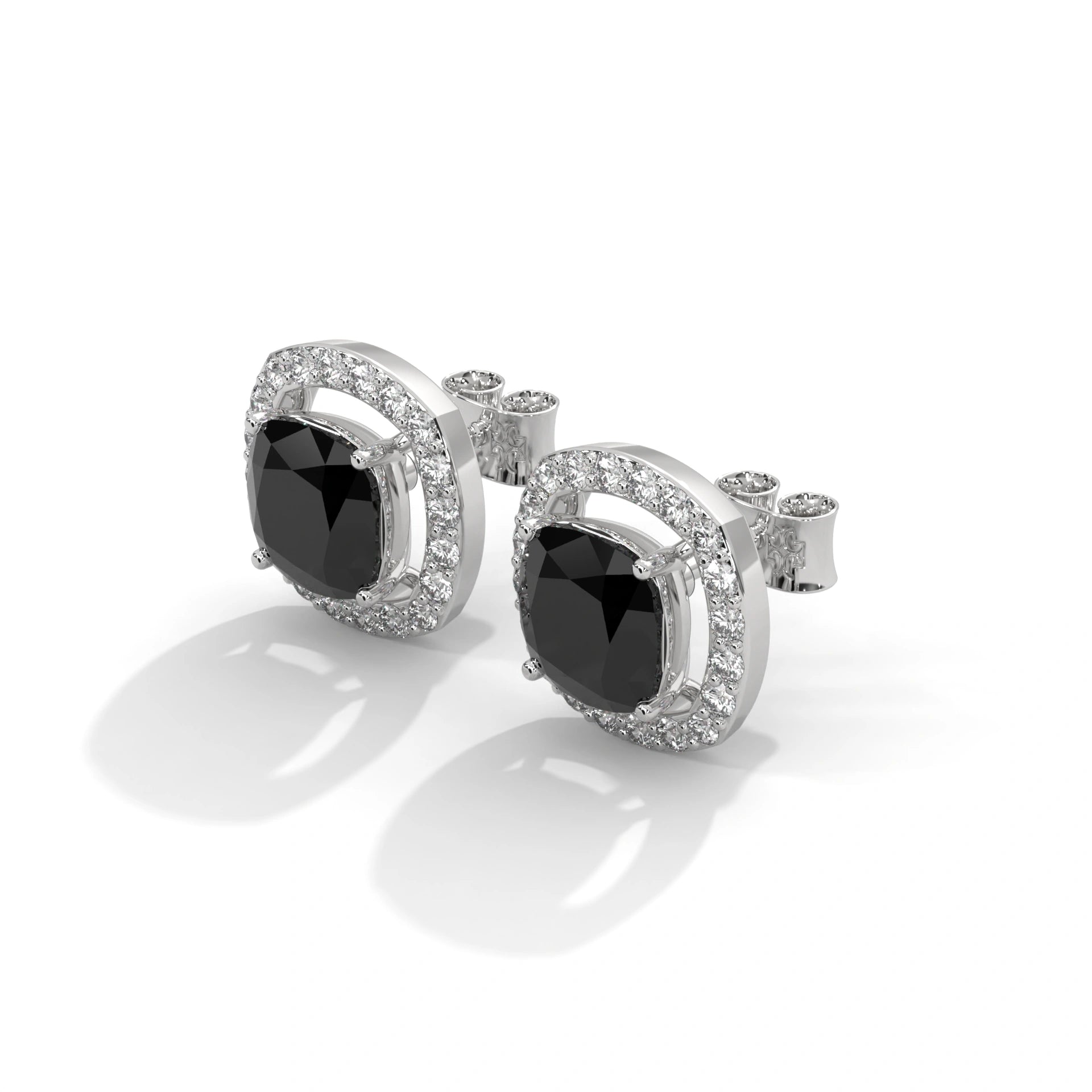 3.8 Ct Cushion Cut Diamond Halo Black Diamond Stud Earrings in Yellow Gold Screw Back