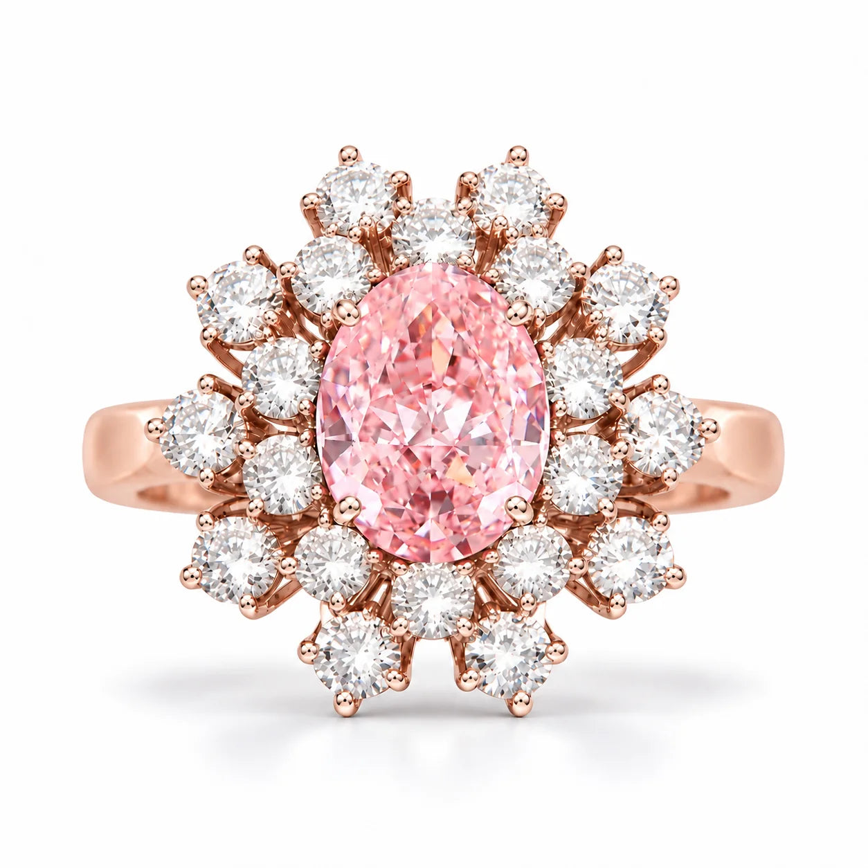 6.59 Carat Oval Pink Diamond Sunflower Halo Engagement Ring 18K Rose Gold
