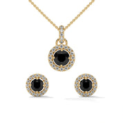 Round Cut Diamond Black Diamond Halo Pendant & Stud Earrings Set in White Gold 18K Yellow Gold