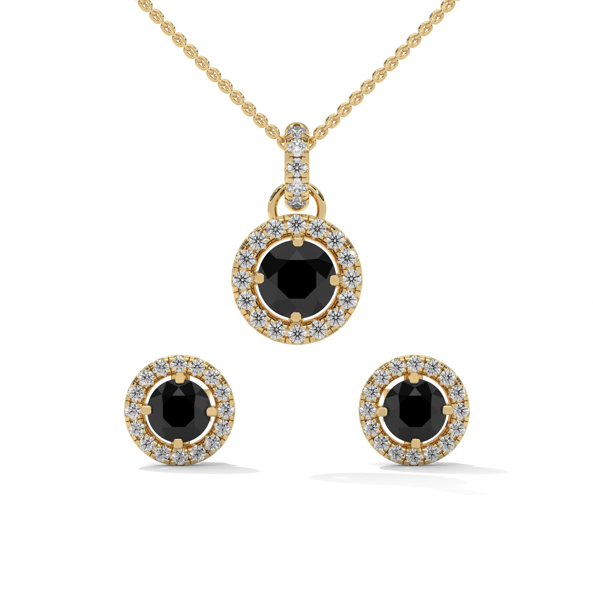 Round Cut Diamond Black Diamond Halo Pendant & Stud Earrings Set in White Gold 18K Yellow Gold