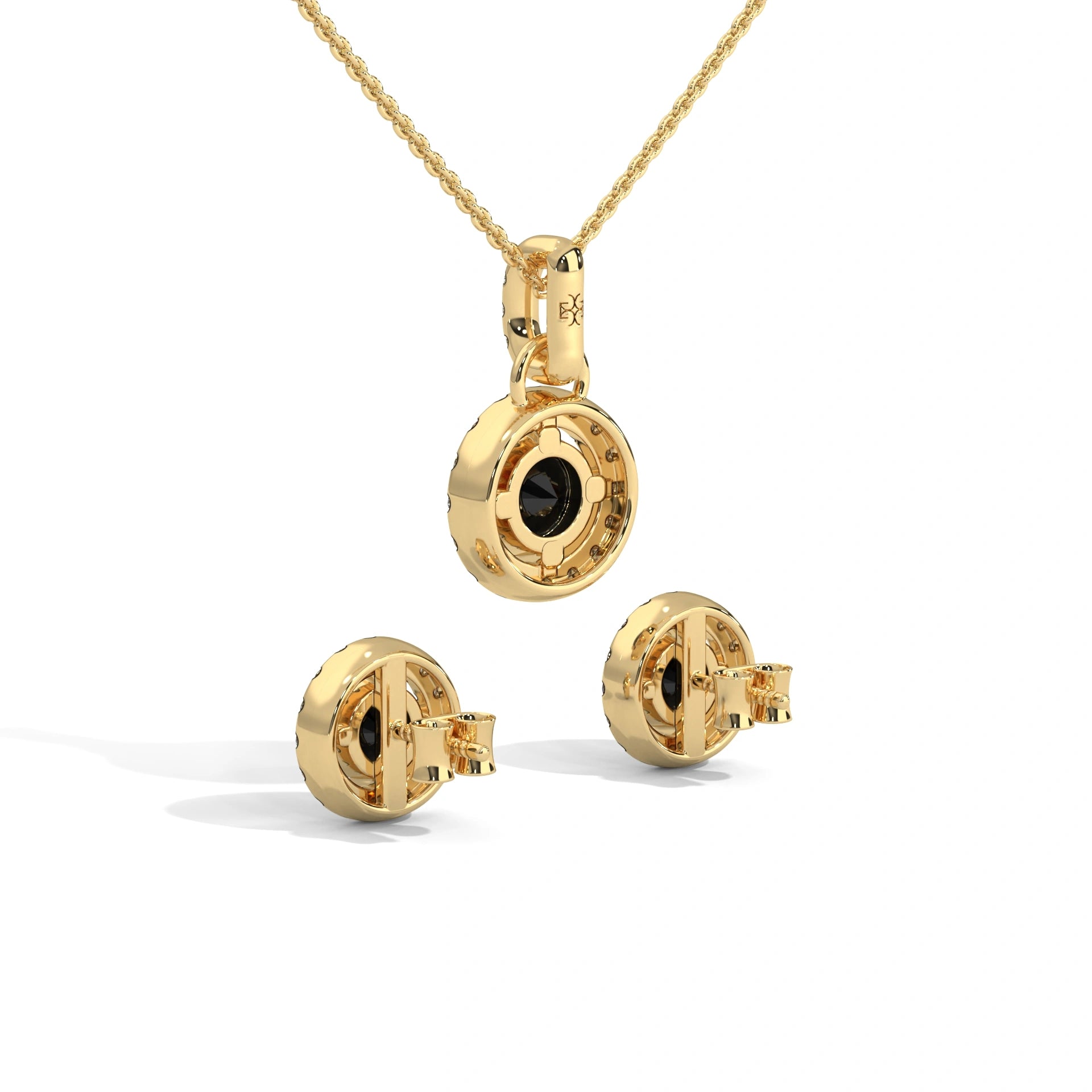 Round Cut Diamond Black Diamond Halo Pendant & Stud Earrings Set in White Gold