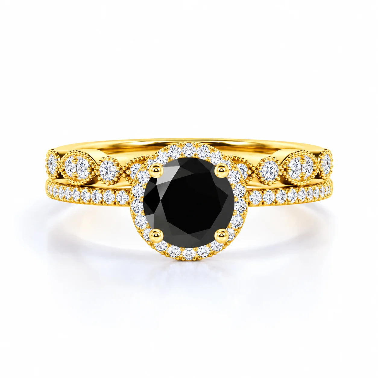 2.10 Carat Bridal Black Diamond Halo Diamond Ring 18K Yellow Gold Black Diamond Ring