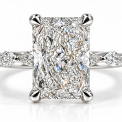 Close up view of 2.50 Ct Radiant cut diamond ring with marquise side stones