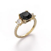 Cushion Cut Black Diamond Three Stone Engagement Ring 18K Yellow Gold Black Diamond Engagement Ring