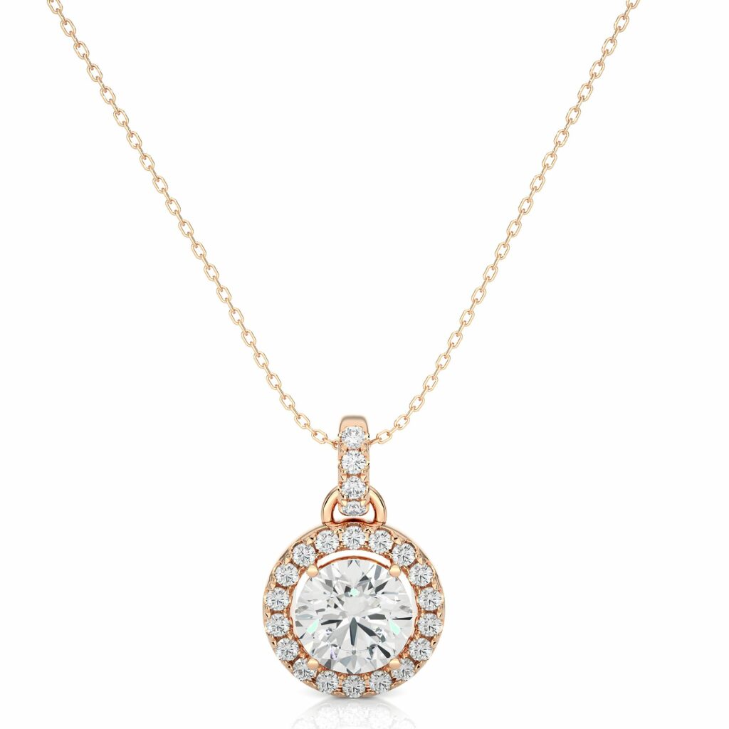 1.50 Carat Round Cut Halo Prong Setting Diamond Pendant In Rose Gold Rose