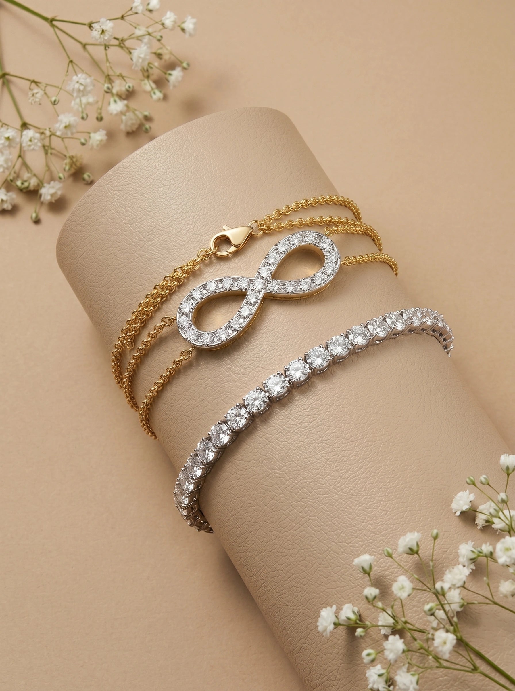 Lab created diamond tennis bracelet and infinity diamond bracelet in yellow gold and white gold.