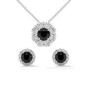 Elegant Round Cut Diamond Black Diamond Halo Pendant & Earrings Set