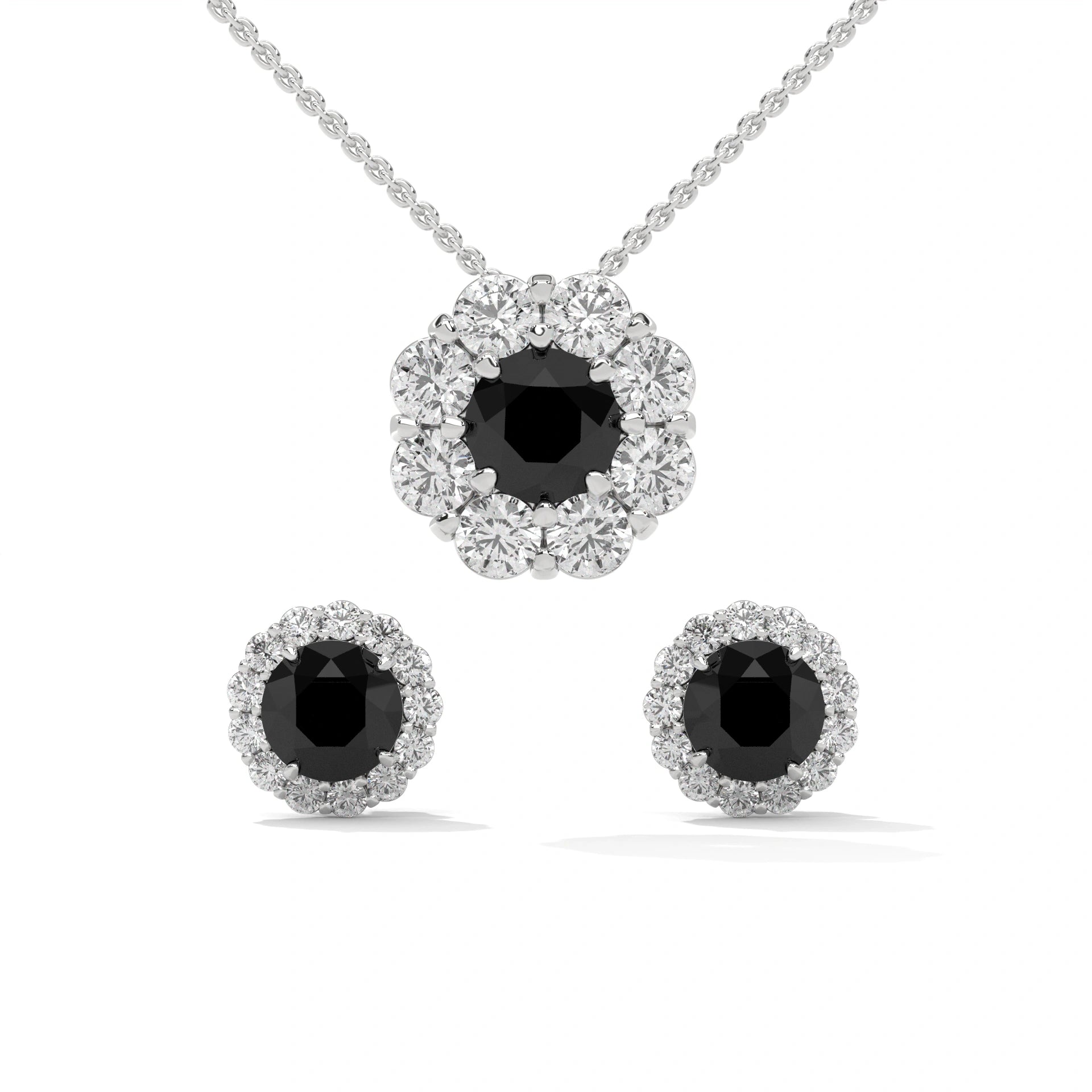Elegant Round Cut Diamond Black Diamond Halo Pendant & Earrings Set