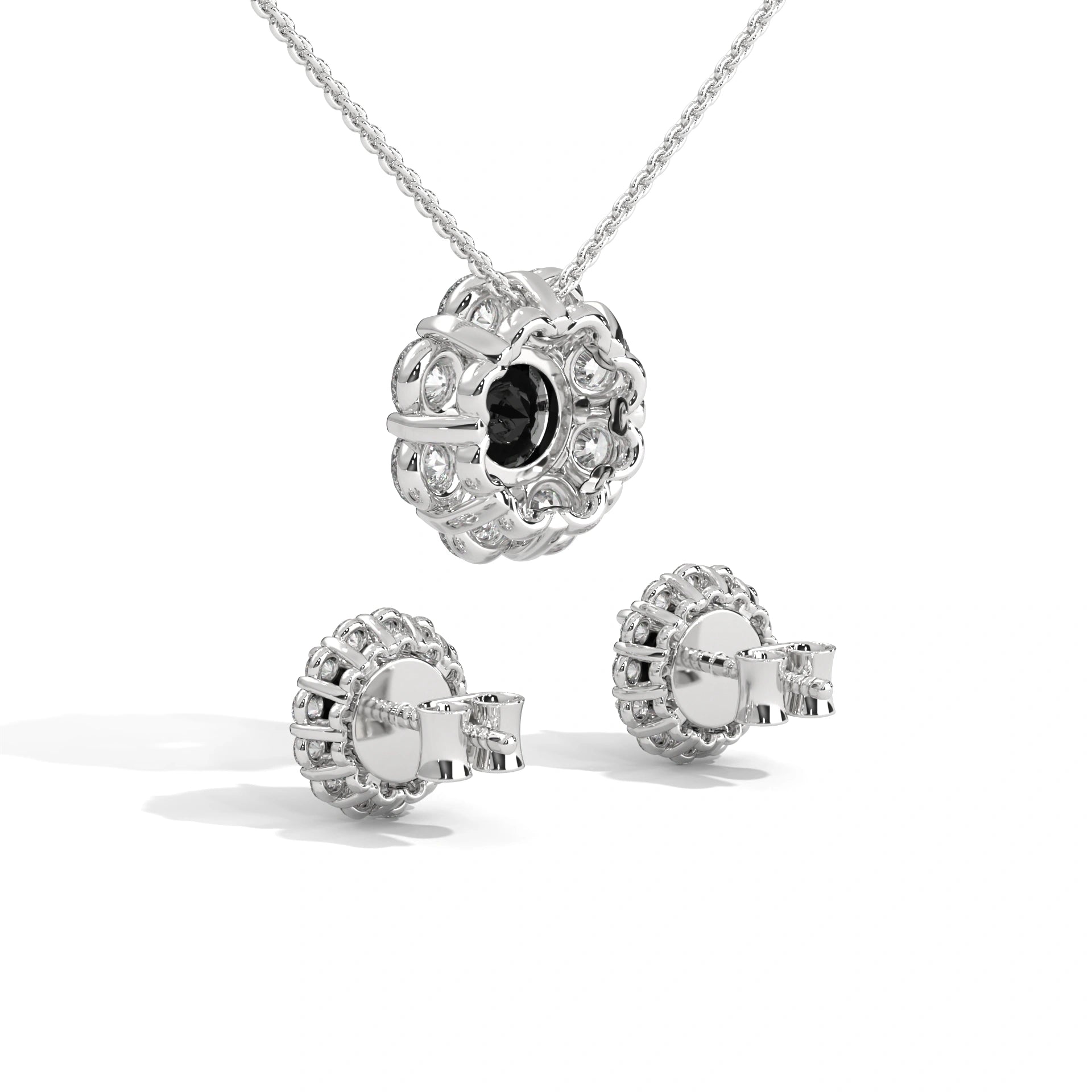 Elegant Round Cut Diamond Black Diamond Halo Pendant & Earrings Set