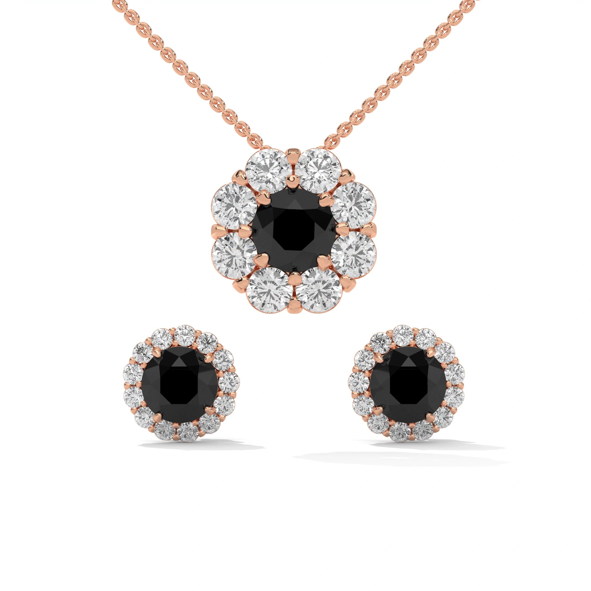 Elegant Round Cut Diamond Black Diamond Halo Pendant & Earrings Set 18K Rose Gold