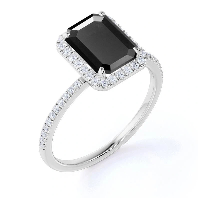 Buy Emerald Cut Black Diamond Halo Engagement Rings With Accent Black Diamond Engagement Ring