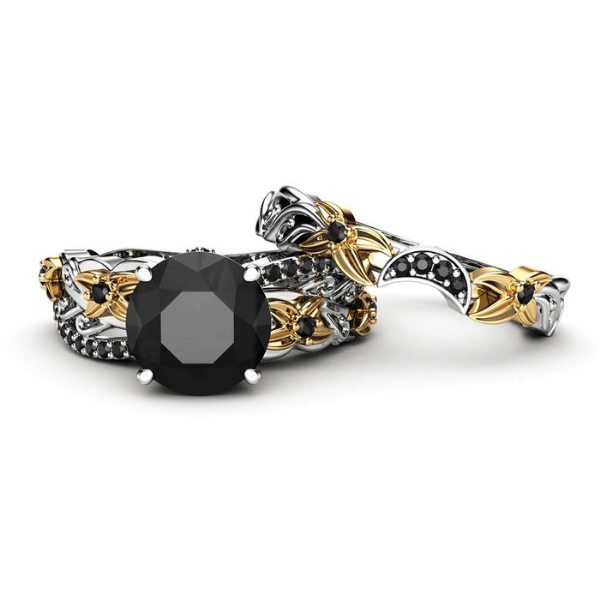 2 Carat Round Cut Floral Prong Bridal Set Black Diamond Ring 18K Yellow Gold Black Diamond Wedding Rings
