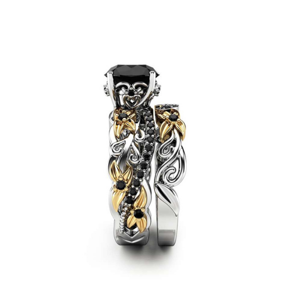2 Carat Round Cut Floral Prong Gold Bridal Set Black Diamond Ring Black Diamond Wedding Rings