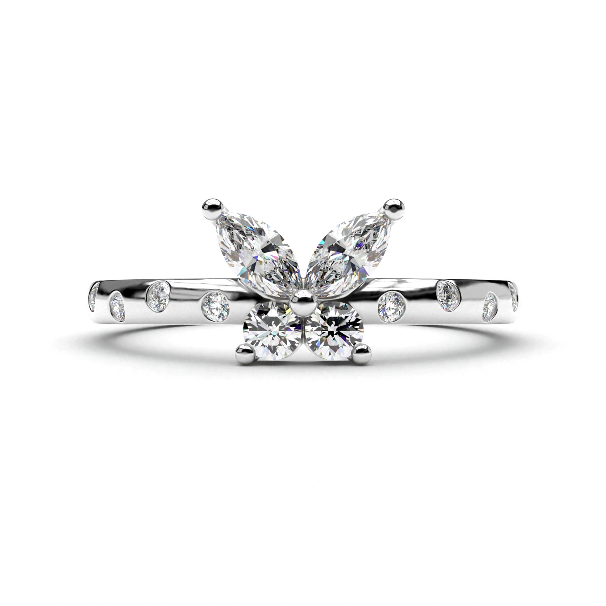 0.54 Ct Butterfly Marquise Diamond Promise Ring with Pavé Accent Band 18K White Gold Natural Diamond