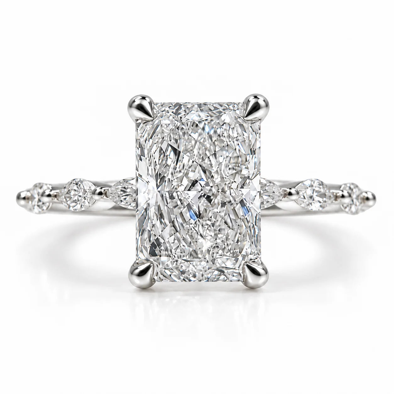 Front View Of 2.50 Ct Radiant cut diamond ring with marquise side stones