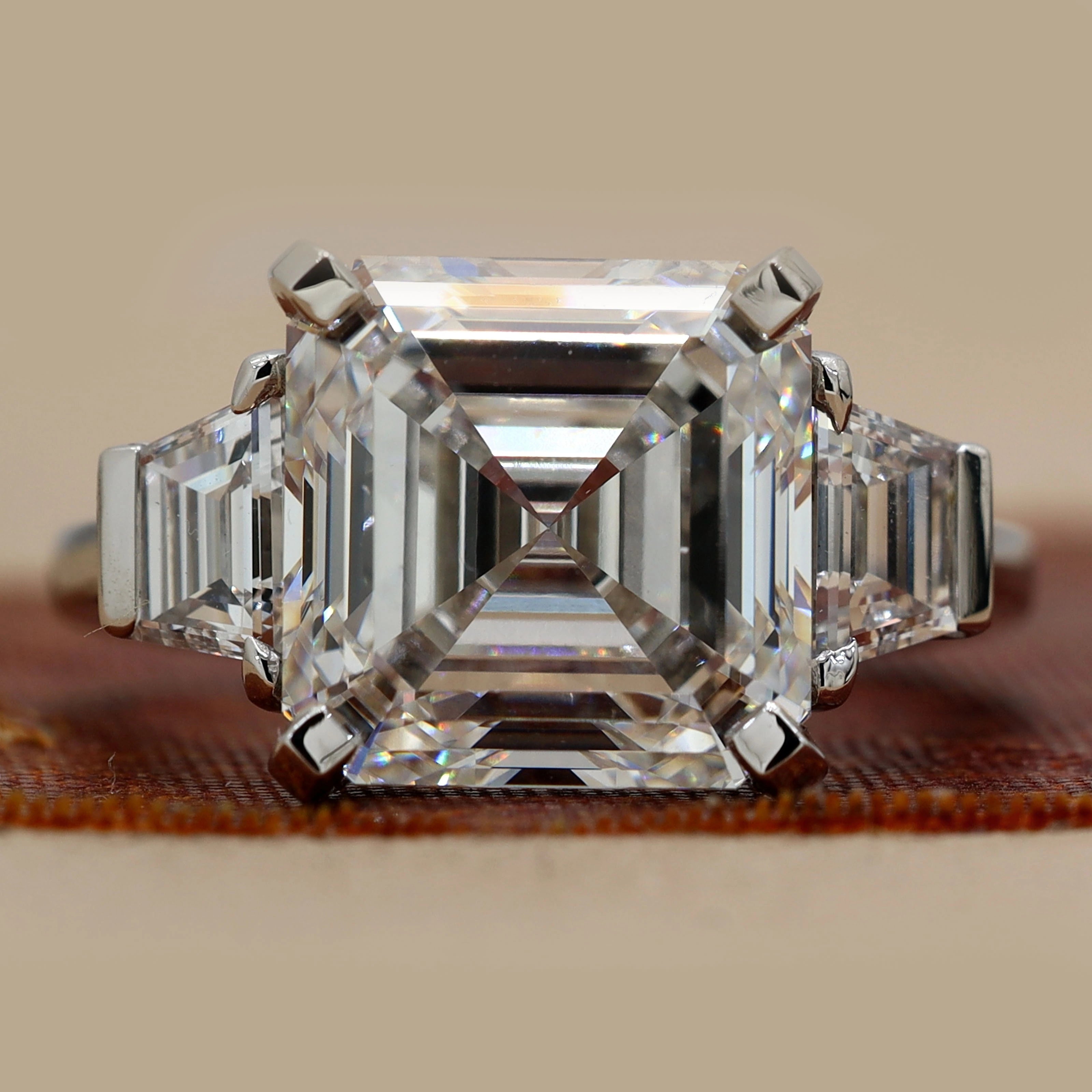 6.84 Ct Asscher Cut Three Stone Diamond Engagement Ring with Step-Cut Side Stones 18K White Gold