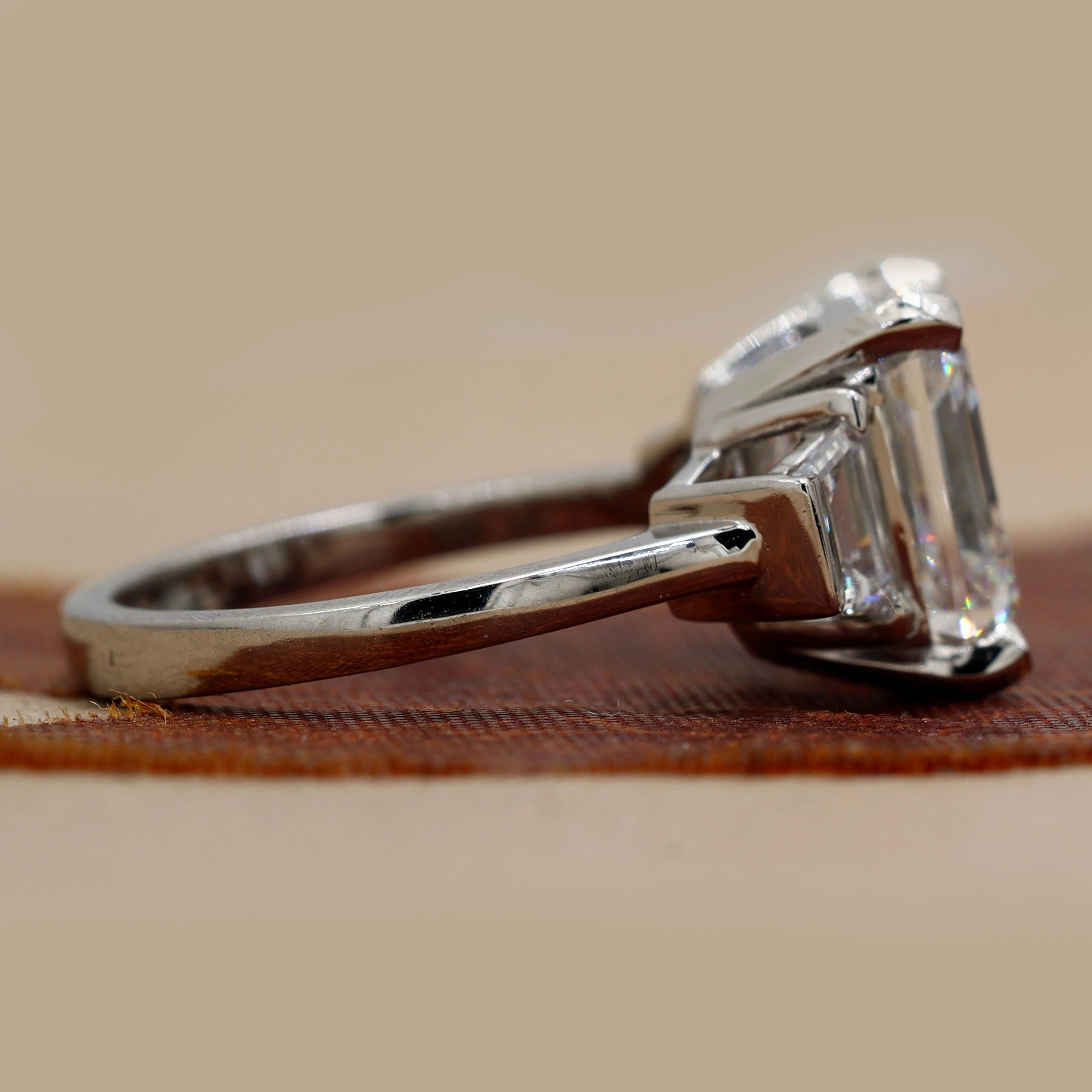 6.84 Ct Asscher Cut Three Stone Diamond Engagement Ring with Step-Cut Side Stones