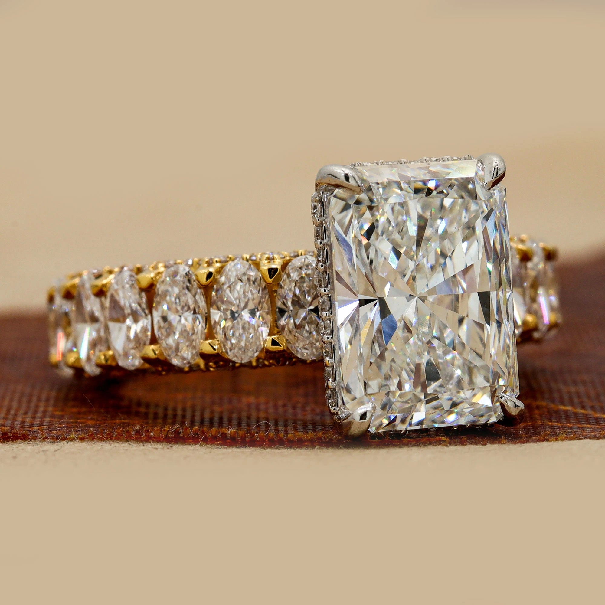 Side View Of 11.68 Ct Radiant Cut Hidden Halo Pavé Diamond Ring