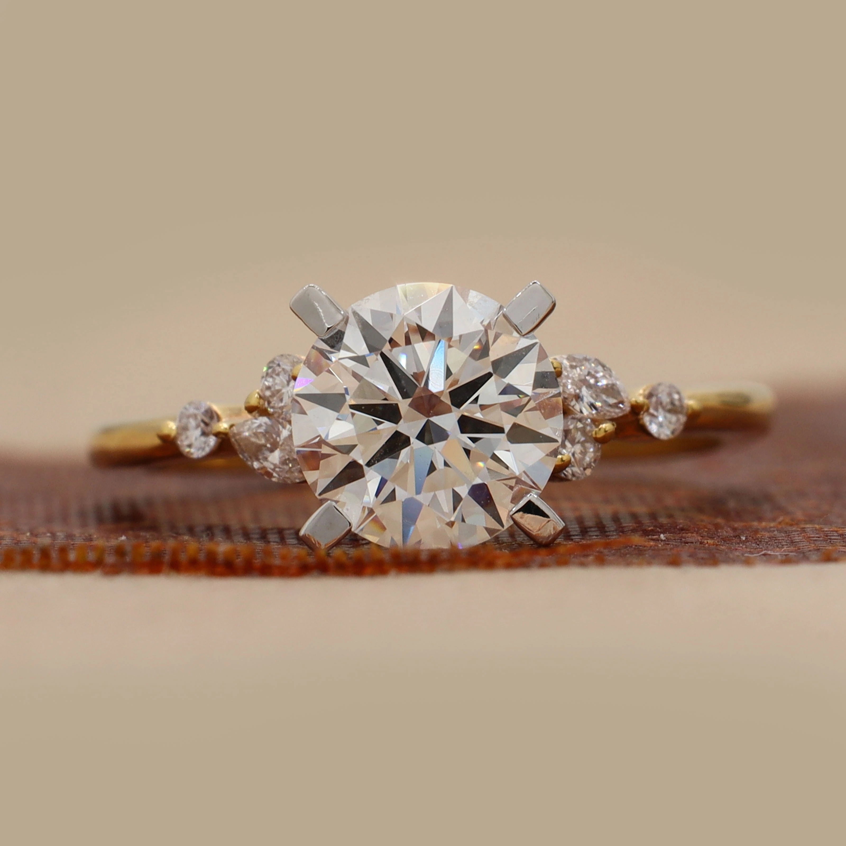 1.35 Ct Round Cut Diamond Cluster Engagement Ring with 4 Prong Setting 18K Yellow Gold