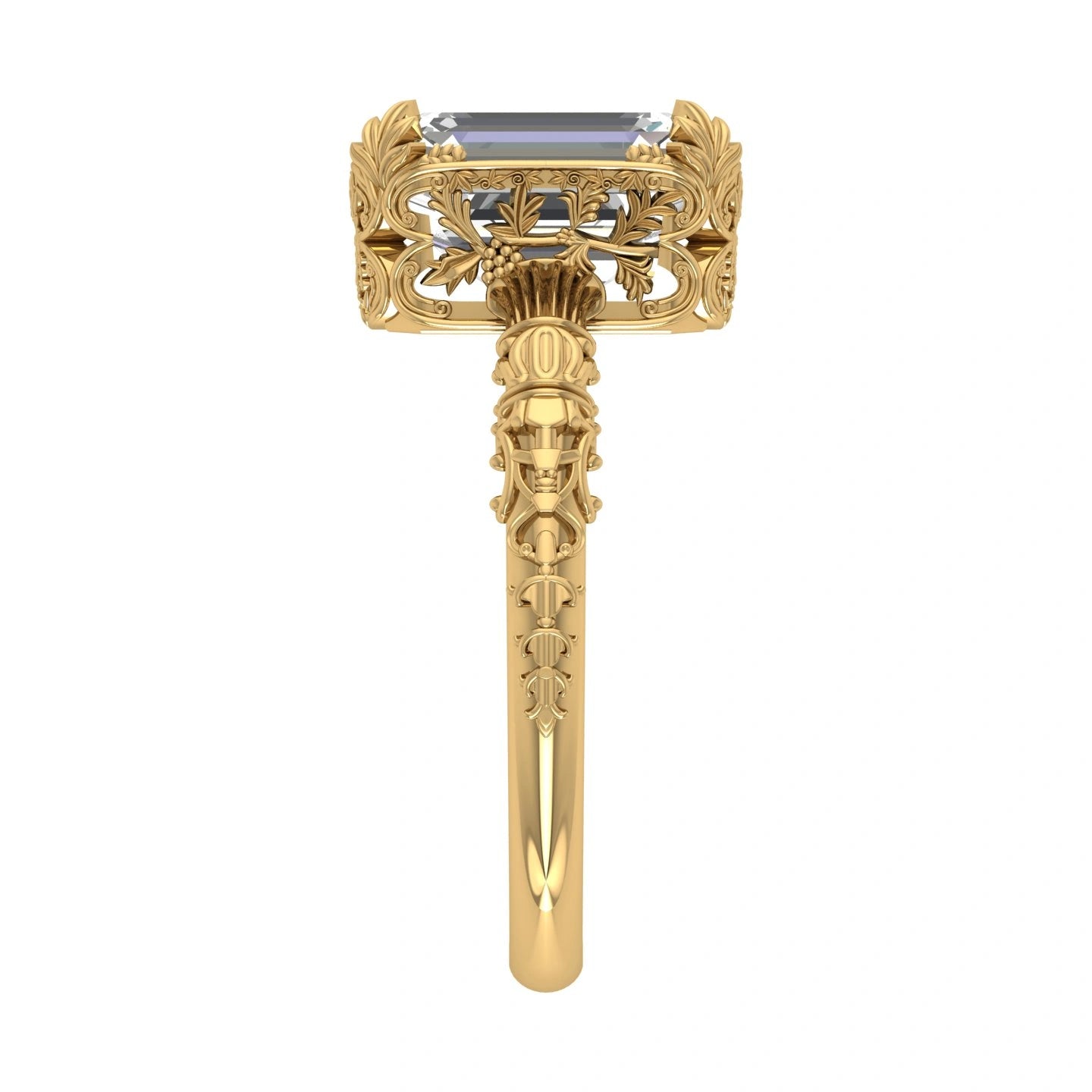 Side View Of 2.5 Ct Emerald Cut Solitaire Ring Four-Prong Corner