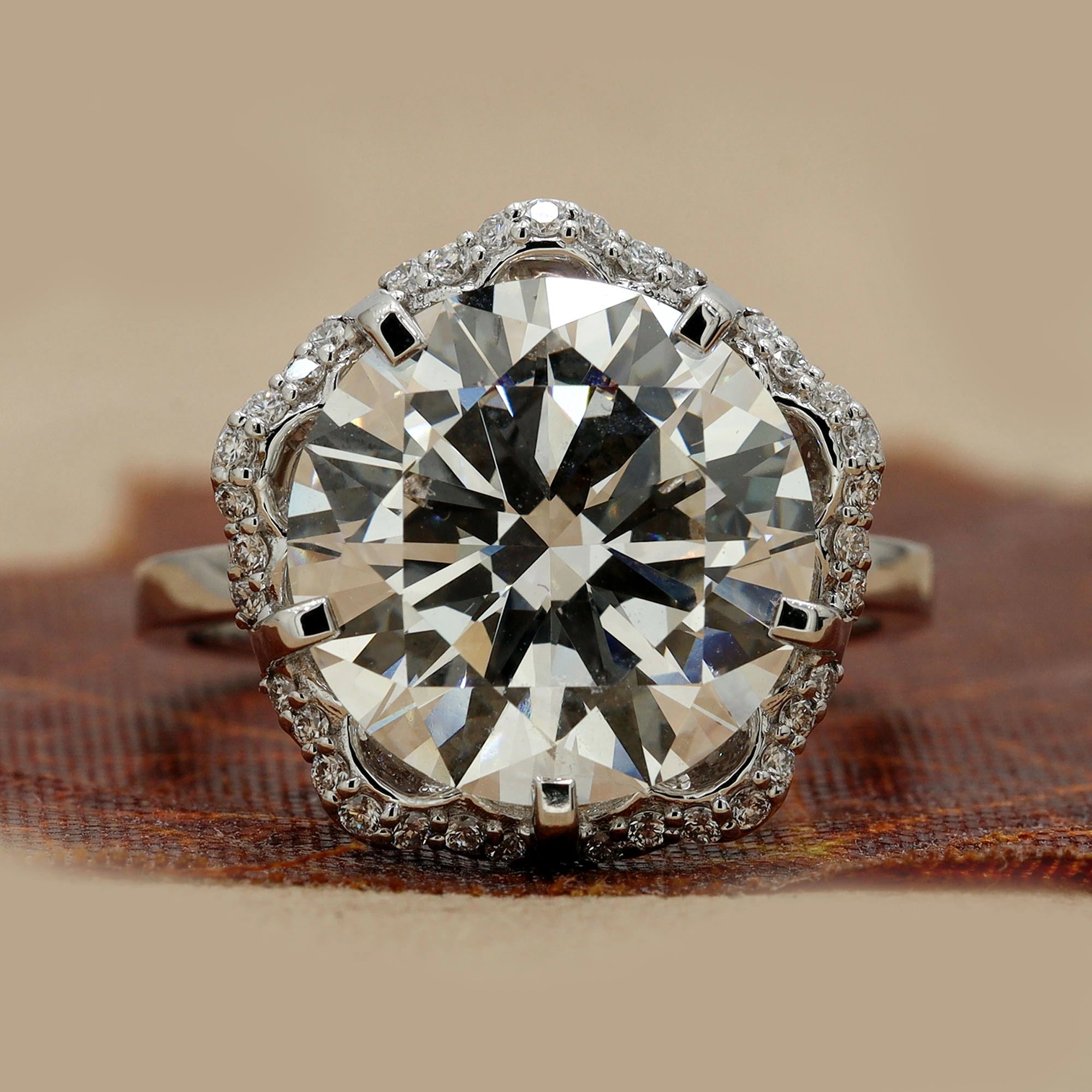 Front View Of 7.28 Ct Round Brilliant Vintage Scalloped Halo Ring