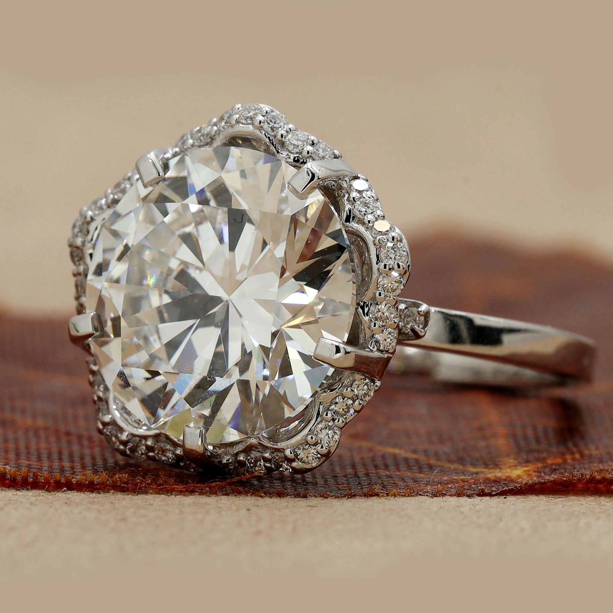 Angled View Of 7.28 Ct Round Brilliant Vintage Scalloped Halo Ring