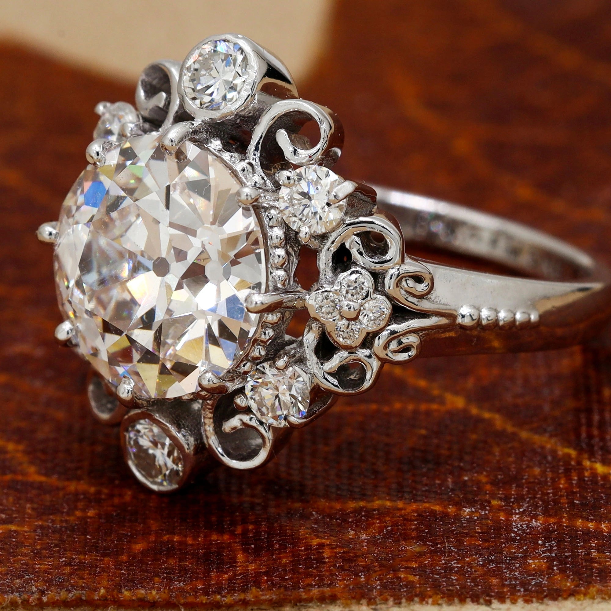 Angled View Of 3.98 Ct Antique Diamond Cluster Ring Openwork Illusion