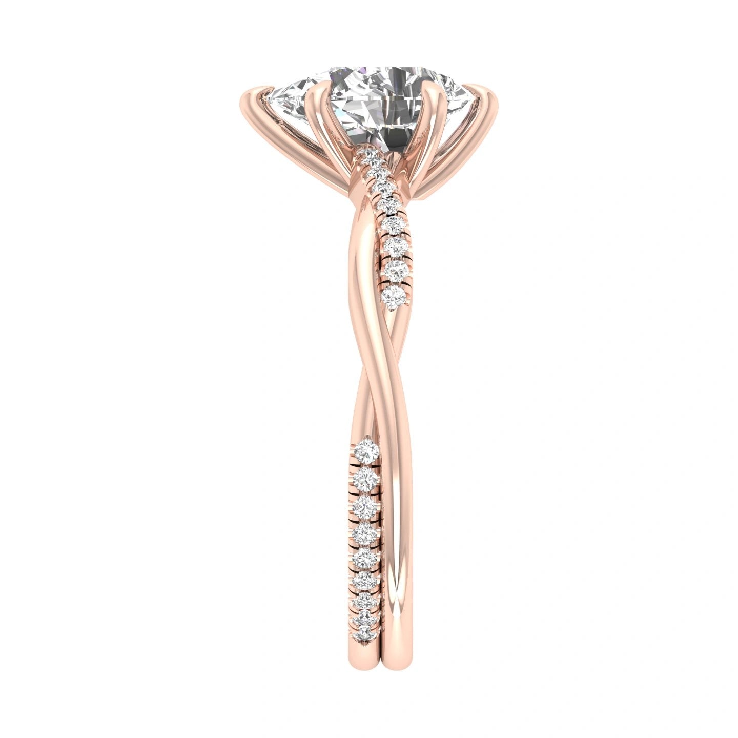Side View Of 1.72 Ct Pear Cut Diamond Ring Rose Gold Pavé Infinity Twist